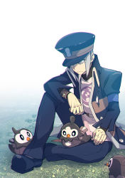 Rule 34 | 1boy, belt, belt buckle, bird, black coat, black footwear, black headwear, black pants, brown belt, buckle, closed mouth, coat, commentary request, creatures (company), game freak, gen 4 pokemon, grey eyes, grey hair, hat, high collar, highres, ingo (pokemon), long sideburns, male focus, mitsuha (bless blessing), nintendo, pants, peaked cap, pearl clan outfit, pokemon, pokemon (creature), pokemon legends: arceus, shoes, short hair, sideburns, sitting, starly, trench coat