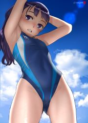 Rule 34 | 1girl, armpits, arms up, blue sky, breasts, cloud, commentary request, competition swimsuit, covered navel, cowboy shot, gluteal fold, groin, highres, long hair, looking at viewer, mu-pyon, one-piece swimsuit, open mouth, original, outdoors, purple eyes, purple hair, sky, small breasts, solo, swimsuit