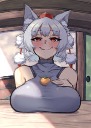 Rule 34 | 1girl, animal ear fluff, animal ears, bare shoulders, blush, breast rest, breasts, breasts on table, commentary request, fang, fisheye, food, food on body, food on breasts, fruit, half-closed eyes, hand on own chest, hat, heart, heart-shaped pupils, highres, indoors, inubashiri momiji, large breasts, looking at viewer, mandarin orange, nikuatsu magician shinbo, one eye closed, oppai mochi, parted lips, pom pom (clothes), red eyes, red hat, seductive smile, short hair, skin fang, sleeveless, sleeveless sweater, smile, solo, sweater, symbol-shaped pupils, table, tokin hat, tongue, tongue out, touhou, turtleneck, upper body, wall, wavy mouth, white hair, wolf ears, wooden table