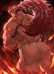 Rule 34 | 1boy, alternate costume, ass, back tattoo, bara, bellsaltr, black background, feet out of frame, fire, fundoshi, granblue fantasy, highres, huge ass, japanese clothes, light particles, long hair, male focus, manly, mature male, multicolored hair, muscular, muscular male, official alternate costume, ponytail, red hair, simple background, solo, spiked hair, sweat, sweatdrop, tan, tattoo, thick arms, thick thighs, thighs, white hair, wilnas (apron of ardor) (granblue fantasy), wilnas (granblue fantasy), yellow eyes