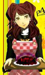 Rule 34 | 1girl, apron, atlus, bad food, bad id, bad pixiv id, breasts, brown eyes, brown hair, copyright name, earrings, food, head tilt, highres, jewelry, kujikawa rise, long hair, looking at viewer, persona, persona 4, school uniform, solo, tray, twintails, unmoving pattern, yuzucchi