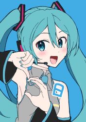 Rule 34 | 1girl, :d, black sleeves, blue background, blue eyes, blue hair, blue nails, blue necktie, blush, collared shirt, commentary, countdown, detached sleeves, dot nose, frilled shirt, frills, grey shirt, hair between eyes, hatsune miku, headset, heart, heart hands, index finger raised, long hair, long sleeves, looking at viewer, nail polish, necktie, open mouth, shirt, sidelocks, sleeveless, sleeveless shirt, smile, solo, supo01, twintails, upper body, vocaloid
