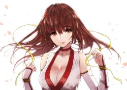 Rule 34 | 1girl, arm guards, bare shoulders, breasts, brown eyes, brown hair, choker, cleavage, closed mouth, collarbone, commentary request, dead or alive, dead or alive 6, detached sleeves, dress, fubuki (fakemonkey0224), hair down, hair ribbon, holding, holding ribbon, japanese clothes, kasumi (doa), long hair, looking at viewer, medium breasts, ninja, petals, ribbon, smile, solo, upper body, white background, white dress, yellow ribbon
