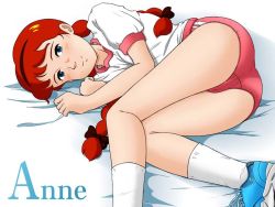 Rule 34 | 1girl, anne of green gables, anne shirley, ass, black bow, blue eyes, blue footwear, blush, bow, braid, buruma, cameltoe, gym uniform, hair bow, hair ornament, hairclip, looking at viewer, lying, on side, presenting, red hair, shirt, shoes, simple background, smile, sneakers, socks, white background, white shirt, world masterpiece theater