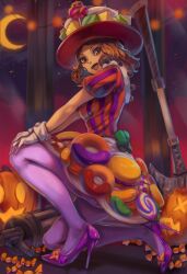 Rule 34 | 1girl, absurdres, axe, battle axe, bow, brown eyes, brown hair, candy, candy hat ornament, crescent moon, dress, food, food-themed hat ornament, footwear bow, gloves, green bow, grenade launcher, halloween, hat, hat bow, hat ornament, high heels, highres, jack-o&#039;-lantern, jack-o&#039;-lantern hat ornament, moon, okumura haru, on one knee, open mouth, persona, persona 5, purple footwear, smile, solo, striped, striped bow, toasty scones, weapon, white gloves