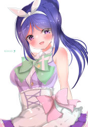 Rule 34 | 1girl, anchor print, anchor symbol, artist name, artist request, bare shoulders, blue hair, blush, bow, bowtie, bracelet, breasts, brown hair, close-up, collared dress, cross-laced clothes, cross-laced dress, detached sleeves, dress, dress bow, female focus, floating hair, frilled skirt, frills, green bow, hair between eyes, hair ornament, hairband, high ponytail, highres, jewelry, kihaku, kimi no kokoro wa kagayaiteru kai?, long hair, looking at viewer, love live!, love live! school idol festival, love live! sunshine!!, matsuura kanan, medium breasts, miniskirt, multicolored clothes, multicolored skirt, parted lips, pearl bracelet, pink bow, pink ribbon, pink skirt, plaid, plaid dress, plaid skirt, pleated, pleated dress, pleated skirt, ponytail, puffy short sleeves, puffy sleeves, purple dress, purple eyes, purple skirt, ribbon, short sleeves, skirt, sleeveless, sleeveless dress, smile, solo, star (symbol), star print, wavy hair, white background, white bow, white hairband, white skirt