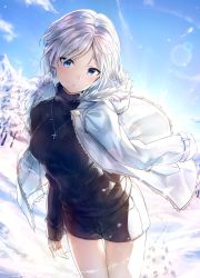 Rule 34 | 1girl, :o, anastasia (idolmaster), black shorts, black sweater, blush, breasts, breat, coat, cross, cross necklace, day, earrings, footprints, fur-trimmed coat, fur trim, head tilt, highres, hood, hood down, hooded coat, idolmaster, idolmaster cinderella girls, jacket, jacket on shoulders, jewelry, lens flare, long sleeves, looking at viewer, medium breasts, necklace, outdoors, parted bangs, parted lips, pendant, short hair, shorts, silver hair, sleeves past wrists, solo, sweater, takeashiro, thigh gap, tree, tsurime, winter, winter clothes, winter coat