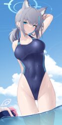Rule 34 | 2girls, absurdres, animal ears, arm up, blue archive, blue eyes, breasts, curvy, grey hair, highres, hoshino (blue archive), hoshino ruri, large breasts, looking at viewer, multiple girls, one-piece swimsuit, partially submerged, shiroko (blue archive), shiroko (swimsuit) (blue archive), solo focus, standing, swimsuit, unconscious, wolf ears, z.taiga