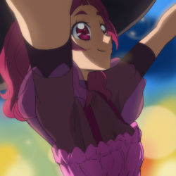 Rule 34 | 10s, 1girl, arms up, black hat, closed mouth, haruyama kazunori, hat, hugtto! precure, looking up, nono hana, pink eyes, pink hair, precure, short hair, smile, solo, thick eyebrows, upper body