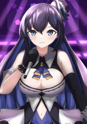 Rule 34 | 1girl, absurdres, alternate costume, black gloves, black sleeves, blue eyes, blue hair, breasts, cleavage, cleavage cutout, clothing cutout, detached sleeves, dress, frilled dress, frills, gloves, heart cutout, highres, holding, holding microphone, idol, idol clothes, kanadeho, kson, large breasts, long hair, looking at viewer, microphone, multicolored hair, navel, navel cutout, official alternate costume, purple hair, souchou, stage, streaked hair, virtual youtuber, vshojo, vshojo idol uniform, white dress