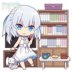 Rule 34 | 1girl, bare arms, bare shoulders, barefoot, blue eyes, blue ribbon, bookshelf, character request, closed mouth, copyright name, dress, flat screen tv, food, hair between eyes, hair ribbon, hand up, hitsuki rei, holding, holding food, long hair, lowres, plate, ribbon, silver hair, sleeveless, sleeveless dress, smile, snowdreams -lost in winter-, solo, standing, standing on one leg, stuffed animal, stuffed rabbit, stuffed toy, table, television, watermark, white background, white dress