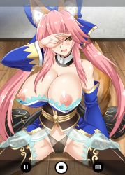 Rule 34 | 1girl, animal ear fluff, animal ears, bare shoulders, black panties, blue bow, blush, bow, breasts, breasts out, brown thighhighs, collarbone, covering face, detached collar, detached sleeves, fate/grand order, fate (series), fox ears, fox girl, fox tail, gold trim, hair bow, hellandheaven, highres, huge breasts, lace, lace-trimmed legwear, lace trim, long hair, nipples, open mouth, panties, pink hair, recording, sash, smile, solo, spread legs, tail, tamamo (fate), tamamo no mae (fate/extra), thighhighs, twintails, underwear, yellow eyes