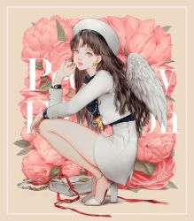 Rule 34 | 1girl, angel wings, ankle strap, black shirt, border, brown hair, cropped jacket, dadachyo, earrings, floral background, flower, grey eyes, hat, heart, heart earrings, high heels, jacket, jewelry, lips, long hair, looking at viewer, miniskirt, mole, mole under eye, necklace, original, peony (flower), ring, shirt, skirt, solo, squatting, title, watermark, white jacket, white skirt, wings