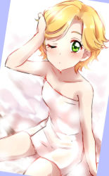 Rule 34 | 1girl, absurdres, aikatsu!, aikatsu! (series), bare arms, bare shoulders, blonde hair, blush, character request, closed mouth, collarbone, green eyes, hand up, highres, looking at viewer, naked towel, one eye closed, sekina, shinjo hinaki, short hair, sitting, solo, towel