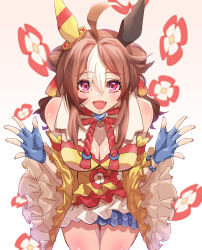 Rule 34 | 1girl, absurdres, ahoge, animal ears, bare shoulders, blue gloves, bow, breasts, brown hair, cleavage, commentary request, copano rickey (umamusume), cowboy shot, detached sleeves, double bun, dress, fang, fingerless gloves, floral background, frilled dress, frills, gloves, hair between eyes, hair bun, hair ornament, highres, horse ears, horse girl, horse tail, kento (kentdrawing), large breasts, long hair, looking at viewer, multicolored hair, open mouth, petticoat, pink eyes, red bow, smile, solo, streaked hair, tail, tassel, tassel hair ornament, umamusume, white background, white hair, yellow dress