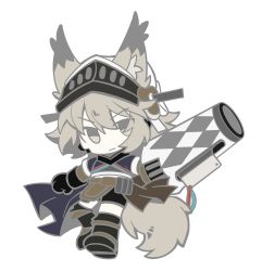 Rule 34 | 1girl, animal ears, arknights, ashlock (arknights), bad id, bad twitter id, black cape, black footwear, black gloves, boots, cape, chibi, flat color, gloves, grey background, grey eyes, grey hair, highres, looking at viewer, material growth, mechanical owl, oripathy lesion (arknights), simple background, solo, squirrel ears, squirrel girl, squirrel tail, tail, v-shaped eyebrows, white background