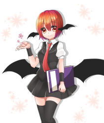 Rule 34 | 1girl, abe suke, alternate hair length, alternate hairstyle, bat wings, black thighhighs, book, collared shirt, commentary request, cowboy shot, head wings, highres, holding, holding book, koakuma, looking at viewer, low wings, necktie, petals, puffy short sleeves, puffy sleeves, red eyes, red hair, red necktie, shadow, shirt, short hair, short sleeves, simple background, skindentation, skirt, skirt set, smile, solo, thighhighs, touhou, vest, white background, white shirt, wings, wrist cuffs, zettai ryouiki