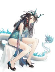 Rule 34 | 1girl, adjusting footwear, arknights, bare legs, bare shoulders, black footwear, black hair, breasts, china dress, chinese clothes, closed mouth, commentary request, dragon, dragon horns, dragon tail, dress, dusk (arknights), earrings, eyebrows, forehead, full body, green dress, high heels, highres, horns, jewelry, long hair, looking at viewer, looking to the side, official alternate costume, pointy ears, red eyes, simple background, sitting, solo, tail, takaaaa, white background