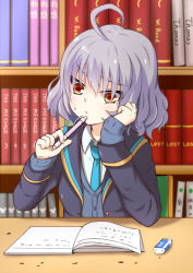 Rule 34 | 1girl, :/, ahoge, ayunosu, blazer, blouse, blush, book, bookshelf, breasts, buttons, clenched hand, collared shirt, english text, eraser, girlfriend (kari), grey hair, head rest, holding, indoors, jacket, library, long sleeves, looking down, mahiro natsume, mechanical pencil, natsume mahiro, necktie, notebook, open clothes, open jacket, orange eyes, pencil, raised eyebrows, school uniform, serafuku, shirt, short hair, sitting, sleeve cuffs, sleeves past wrists, small breasts, solo, sweatdrop, sweater, table, unbuttoned, upper body, white shirt