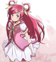 Rule 34 | 00s, 1girl, bad id, bad pixiv id, bow, character name, cure dream, earrings, erunga, gradient background, hair bow, hair rings, jewelry, long hair, magical girl, pink background, pink hair, precure, purple eyes, skirt, smile, solo, white background, yes! precure 5, yumehara nozomi