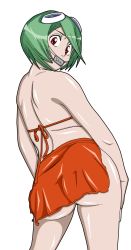 Rule 34 | 1girl, bleach, green hair, highres, kuna mashiro, looking at viewer, looking back, red eyes, short hair, simple background, solo, ssjdubby, standing, white background