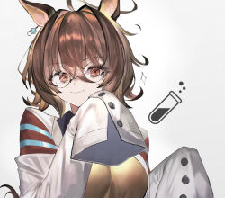 Rule 34 | 1girl, agnes tachyon (umamusume), ahoge, animal ears, breasts, brown eyes, brown hair, coat, commentary, glasses, hair between eyes, highres, horse ears, horse girl, horse tail, inumata ichini, lab coat, long sleeves, open clothes, open coat, round eyewear, short hair, sleeves past fingers, sleeves past wrists, smile, solo, sweater, tail, test tube, umamusume, yellow sweater