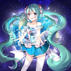 Rule 34 | 1girl, :d, aqua hair, armband, bare shoulders, blush, breasts, camisole, cleavage, collarbone, cowboy shot, earth (planet), frilled skirt, frills, hatsune miku, hnanati, long hair, looking at viewer, open mouth, planet, purple eyes, skirt, smile, solo, space, star (sky), star (symbol), starry background, thighhighs, twintails, upper body, very long hair, vocaloid, wavy hair, white thighhighs, zettai ryouiki