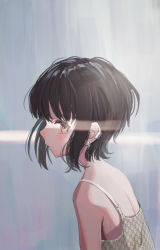 Rule 34 | 1girl, absurdres, brown eyes, brown hair, camisole, closed mouth, earclip, earrings, from side, gishiki (gshk), grey background, highres, jewelry, looking at viewer, looking to the side, original, profile, sideways glance, solo, upper body