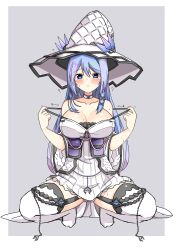 Rule 34 | 1girl, ?, blue eyes, blue hair, blush, breasts, choker, cleavage, dress, duel monster, garter straps, grey background, hat, highres, japanese clothes, large breasts, long hair, raion (inoueraion), rilliona (yu-gi-oh!), rilliona the magistus of verre, squatting, strap pull, thighhighs, white dress, white thighhighs, wide sleeves, witch hat, yu-gi-oh!