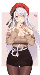 Rule 34 | 1girl, aran sweater, azur lane, bad id, bad pixiv id, belfast (azur lane), belfast (shopping with the head maid) (azur lane), beret, blush, breasts, brown sweater, cable knit, choker, cleavage, collarbone, earrings, food, gongba laoge, hat, highres, hoop earrings, jewelry, large breasts, long hair, looking at viewer, nail polish, off-shoulder sweater, off shoulder, pantyhose, pencil skirt, pocky, silver hair, skirt, smile, solo, sweater