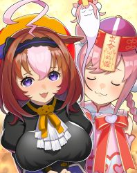 Rule 34 | 2girls, agnes digital (lovely jiangshi) (umamusume), agnes digital (umamusume), ahoge, alternate costume, animal ears, beret, breasts, brown hair, closed eyes, detached sleeves, giving up the ghost, hat, highres, horse ears, horse girl, katwo, large breasts, looking at viewer, meisho doto (dot-o&#039;-lantern) (umamusume), meisho doto (umamusume), multiple girls, open mouth, pink hair, purple eyes, qingdai guanmao, simple background, talisman, umamusume