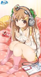 Rule 34 | 1girl, bow, breasts, brown eyes, brown hair, cellphone, cleavage, food, from above, full body, green bow, hair bow, hair ornament, hairclip, headphones, highres, inoue sora, kneehighs, long hair, long sleeves, looking at viewer, looking up, magazine (object), midori-chan (myslot), myslot, no shoes, off-shoulder sweater, off shoulder, phone, pillow, pink socks, pocky, ribbed sweater, sleeves past wrists, smartphone, socks, solo, sweater, two side up