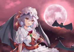 Rule 34 | 1girl, ascot, bat (animal), bat wings, cloud, cup, drinking glass, fang, full moon, hat, hat ribbon, highres, holding, holding cup, looking at viewer, mob cap, moon, outdoors, purple hair, red ascot, red eyes, red ribbon, remilia scarlet, ribbon, shirt, short hair, short sleeves, skin fang, sky, touhou, tsukishiro, white headwear, white shirt, wine glass, wings, wrist cuffs