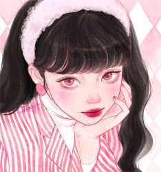 Rule 34 | 1girl, bigpearliu, black hair, copyright name, earrings, expressionless, hairband, heart, heart earrings, highres, jewelry, long hair, long sleeves, looking at viewer, original, pink hairband, portrait, red eyes, red shirt, shirt, solo, striped clothes, striped shirt