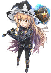 Rule 34 | 1girl, :d, alternate costume, black bodysuit, black hat, blonde hair, blush, bodysuit, bow, braid, commentary request, covered navel, e.o., foreshortening, full body, hammer, hat, hat bow, highres, holding, holding hammer, kirisame marisa, legs apart, light blush, long hair, looking at viewer, open mouth, power suit, raised eyebrows, side braid, simple background, single braid, smile, solo, standing, star (symbol), touhou, white background, white bow, witch hat, yellow eyes