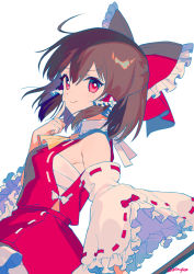 Rule 34 | 1girl, ainy, alternate hair length, alternate hairstyle, ascot, bare shoulders, bow, brown hair, collared shirt, detached sleeves, finger to mouth, frilled bow, frills, gohei, hair bow, hair tubes, hakurei reimu, highres, nontraditional miko, red bow, red eyes, ribbon-trimmed sleeves, ribbon trim, sarashi, shirt, short hair, sleeveless, sleeveless shirt, smile, touhou