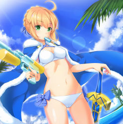 Rule 34 | 1girl, ahoge, artoria pendragon (all), artoria pendragon (fate), artoria pendragon (swimsuit archer) (fate), artoria pendragon (swimsuit archer) (first ascension) (fate), beach, bikini, blonde hair, braid, breasts, cameltoe, cape, cleavage, cloud, day, fate/grand order, fate/stay night, fate (series), food, gluteal fold, green eyes, hair ribbon, highres, light rays, long hair, looking at viewer, mouth hold, navel, palm tree, popsicle, ribbon, saber (fate), solo, standing, sunbeam, sunlight, swimsuit, sword, tree, wapokichi, water, water gun, weapon, white bikini