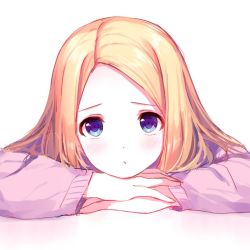 Rule 34 | 1girl, blonde hair, blue eyes, blush, caidychen, commentary, head on hand, head rest, long hair, long sleeves, looking at viewer, original, parted bangs, pink sweater, simple background, solo, sweater, white background