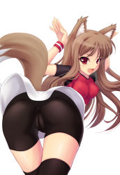 Rule 34 | 00s, 1girl, animal ears, ass, bent over, bike shorts, breasts, brown hair, cameltoe, caramelldansen, cleft of venus, covered erect nipples, fang, fujirin, holo, long hair, medium breasts, raglan sleeves, red eyes, solo, spice and wolf, tail, thighhighs, wolf ears, wolf tail, wristband