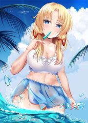 Rule 34 | 1girl, absurdres, aged up, alternate breast size, bikini, blonde hair, blue eyes, blush, breasts, cleavage, cowboy shot, food, food in mouth, hair ribbon, hand up, highres, holding, large breasts, long hair, looking at viewer, low twintails, medium hair, moriya suwako, musi tino, ocean, outdoors, palm tree, parted bangs, popsicle, popsicle in mouth, red ribbon, ribbon, see-through, solo, standing, swimsuit, thighs, touhou, tree, twintails, white bikini