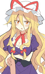 Rule 34 | 1girl, alternate eye color, blonde hair, blush, bow, bowtie, breasts, commentary request, corset, dress, e.o., eyes visible through hair, frills, hair between eyes, hair bow, hand up, hat, hat bow, highres, large breasts, long hair, looking at viewer, mob cap, open mouth, orange eyes, puffy short sleeves, puffy sleeves, purple dress, red bow, red bowtie, short sleeves, simple background, solo, standing, touhou, v-shaped eyebrows, white background, white hat, yakumo yukari