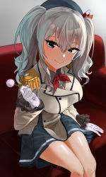 Rule 34 | 1girl, absurdres, beret, black skirt, blue eyes, breasts, couch, epaulettes, frilled sleeves, frills, gloves, gom (kooskoo), hat, highres, indoors, jacket, kantai collection, kashima (kancolle), kerchief, large breasts, long sleeves, looking at viewer, military, military jacket, military uniform, mimikaki, miniskirt, neckerchief, pleated skirt, red neckerchief, sidelocks, silver hair, sitting, skirt, smile, solo, twintails, uniform, wavy hair, white gloves, white jacket