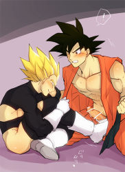 Rule 34 | 2boys, abs, bara, bare pectorals, black bodysuit, black hair, blush, bodysuit, boots, clenched teeth, dougi, dragon ball, dragon ball super, erection, gacharunta, gloves, green eyes, kneeling, large pectorals, looking at another, male focus, male underwear, multiple boys, muscular, muscular male, navel, nipples, one eye closed, open clothes, pectorals, penis, saiyan, short hair, sitting, smile, spiked hair, super saiyan, super saiyan 1, teeth, torn bodysuit, torn clothes, underwear, white gloves, white male underwear, yaoi