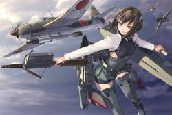 Rule 34 | 10s, 1girl, aircraft, airplane, b7a2 ryusei, bike shorts, bow (weapon), breasts, brown eyes, brown hair, clip (weapon), cloud, crossbow, day, flying, green skirt, headband, headgear, holding, holding weapon, kantai collection, machinery, propeller, remodel (kantai collection), rigging, rokuwata tomoe, short hair, shorts, shorts under skirt, sideboob, skirt, sky, small breasts, solo focus, taihou (kancolle), thighhighs, torpedo, vehicle focus, weapon