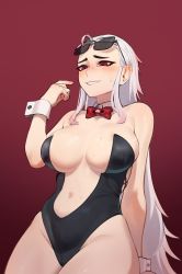 Rule 34 | 1girl, absurdres, bare shoulders, blush, bow, breasts, eyewear on head, helltaker, highres, impossible clothes, impossible leotard, jdw, justice (helltaker), large breasts, leotard, long hair, navel, playboy bunny, red background, red bow, red eyes, solo, sweat, white hair