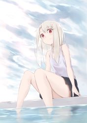 Rule 34 | 1girl, bad id, bad pixiv id, bare arms, bare shoulders, black skirt, cloud, cloudy sky, day, fate/kaleid liner prisma illya, fate (series), feet out of frame, flat chest, highres, illyasviel von einzbern, jilu, long hair, looking at viewer, outdoors, red eyes, sitting, skirt, sky, sleeveless, soaking feet, solo, tank top, water, white hair