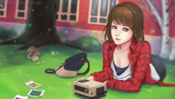 Rule 34 | 1girl, animal, bag, blue eyes, blurry, breasts, brown hair, camera, cleavage, collarbone, depth of field, eliskalti, face, freckles, handbag, highres, life is strange, lips, looking at viewer, max caulfield, nose, outdoors, photo (object), plaid, plaid shirt, realistic, shirt, short hair, solo, squirrel, tree, watermark, web address