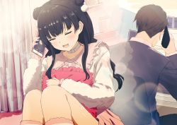 Rule 34 | 1boy, 1girl, :d, absurdres, black hair, black jacket, cellphone, closed eyes, collared shirt, curtains, double bun, formal, frilled pillow, frilled shirt collar, frilled sleeves, frills, hair bun, hand up, highres, holding, holding phone, hugging object, idolmaster, idolmaster shiny colors, jacket, knees up, long hair, mayuzumi fuyuko, misaki nonaka, open mouth, phone, pillow, pillow hug, pink skirt, pleated skirt, producer (idolmaster), shirt, sitting, skirt, smile, socks, striped clothes, striped legwear, striped socks, suit, talking on phone, very long hair, white shirt