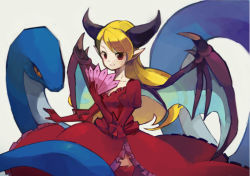 Rule 34 | 1girl, aasjet, bad id, bad pixiv id, blonde hair, dress, elbow gloves, hand fan, gloves, horns, ineshumi, lilith (p&amp;d), long hair, looking at viewer, monster, monster girl, puzzle &amp; dragons, red dress, simple background, smile, wings