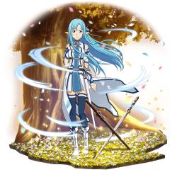 Rule 34 | 1girl, asuna (sao-alo), blue eyes, blue hair, blue thighhighs, boots, closed mouth, dress, faux figurine, floating hair, full body, highres, long hair, looking at viewer, official art, petals, pleated dress, pointy ears, sheath, short dress, smile, solo, standing, sword, sword art online, thighhighs, transparent background, tree, very long hair, weapon, white footwear, zettai ryouiki